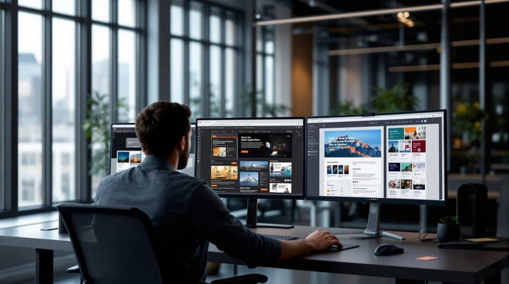 WordPress dashboard open on a laptop screen in a bright home-office setting