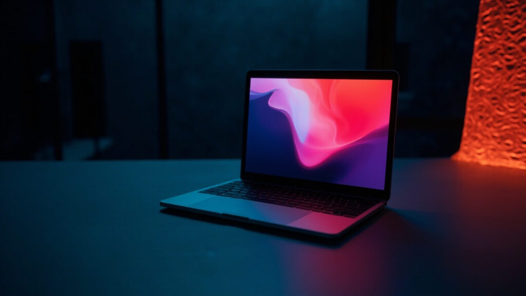 Modern web design studio workspace with glowing laptop in navy and coral tones