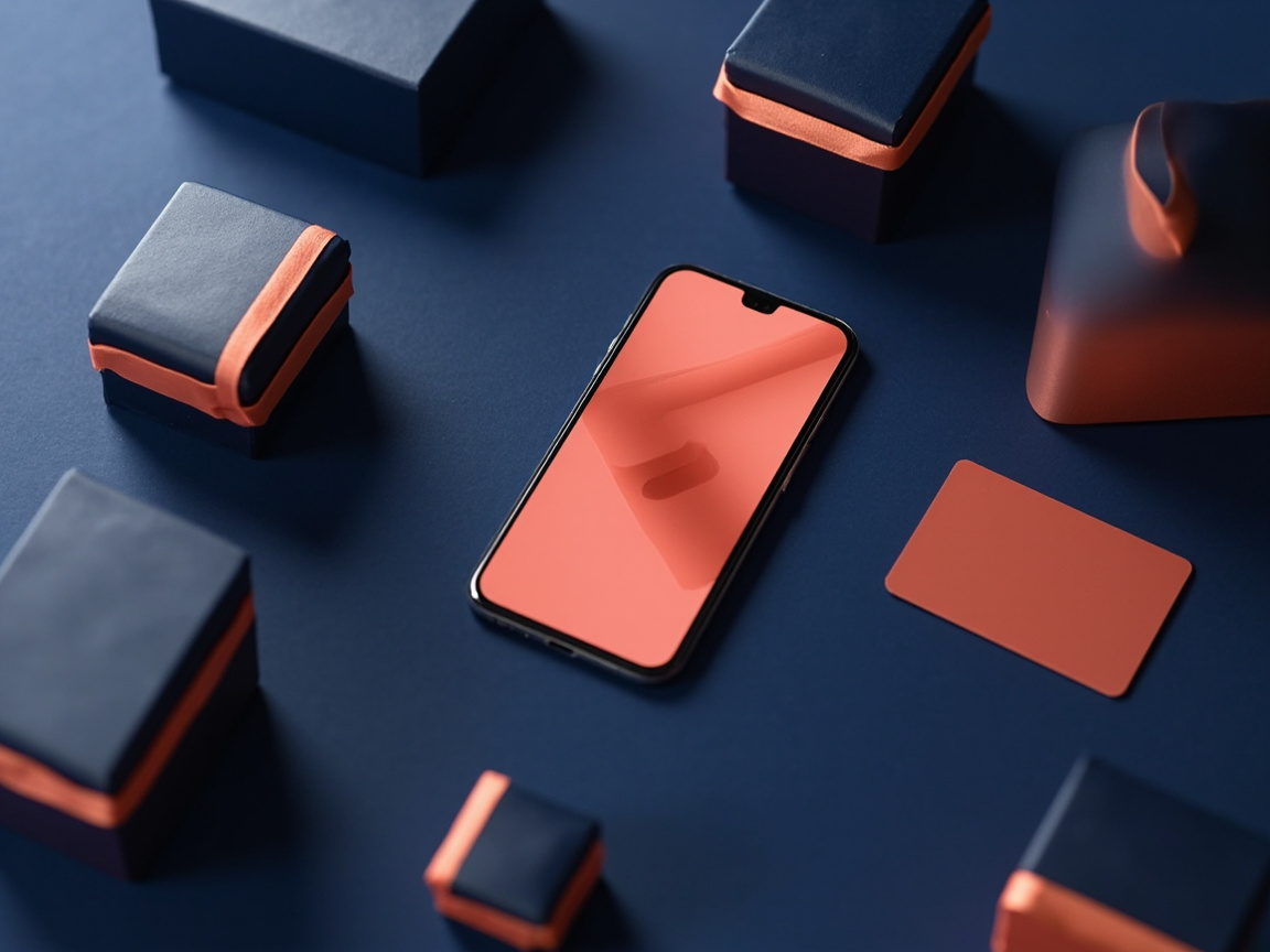Online shopping flat lay with parcels and a phone showing a store interface