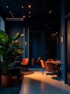 Modern creative agency office interior with warm lighting and designer chairs