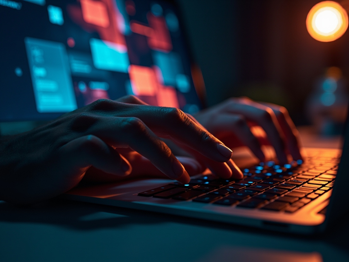Hands arranging modular website building blocks on a laptop screen