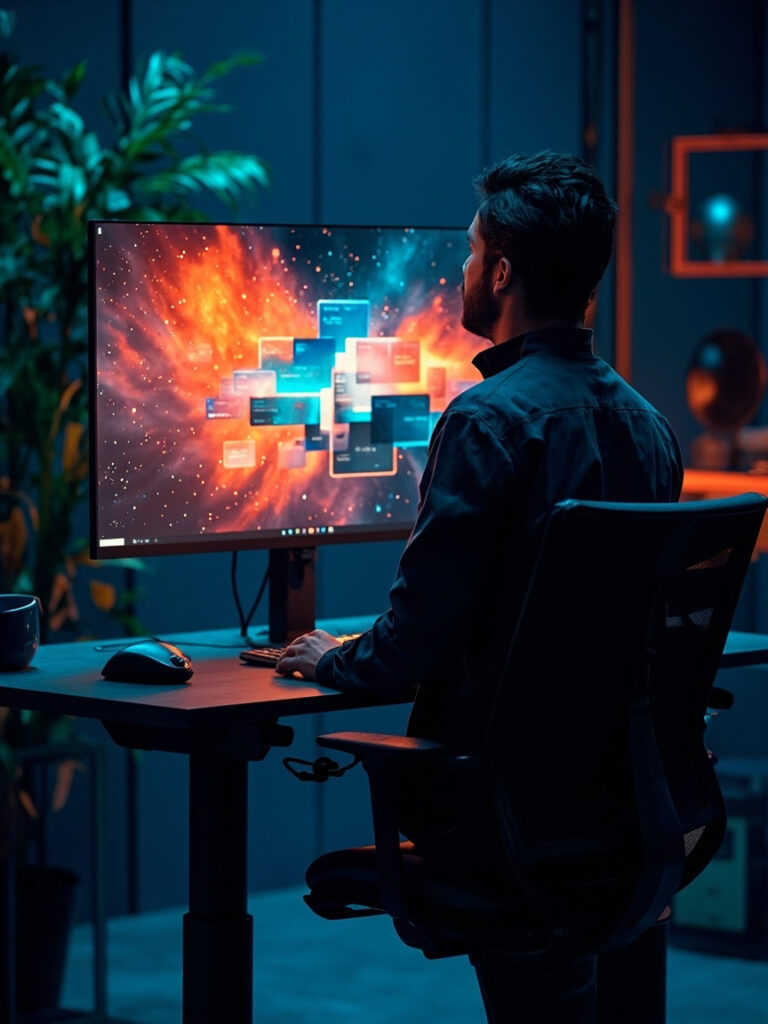 Designer workspace with website mockups and design tools