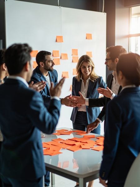Team gathered around a whiteboard with colorful sticky notes in a bright office